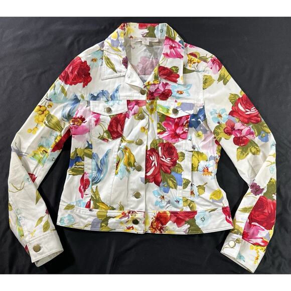 Boston Proper Floral Denim Jacket Women’s Size 4 Multicolor Cotton Stretch - Picture 1 of 12